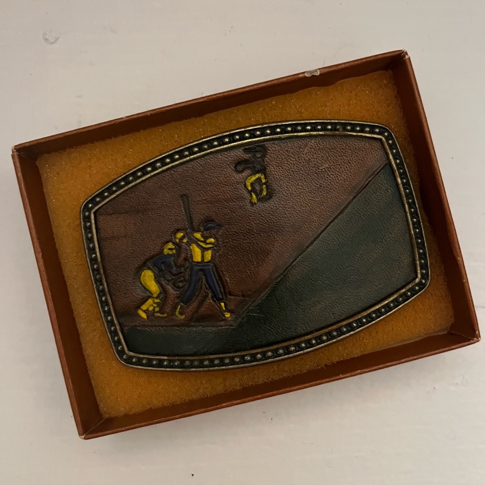 Vintage Leather and Brass Belt Buckle Baseball Sports Scene